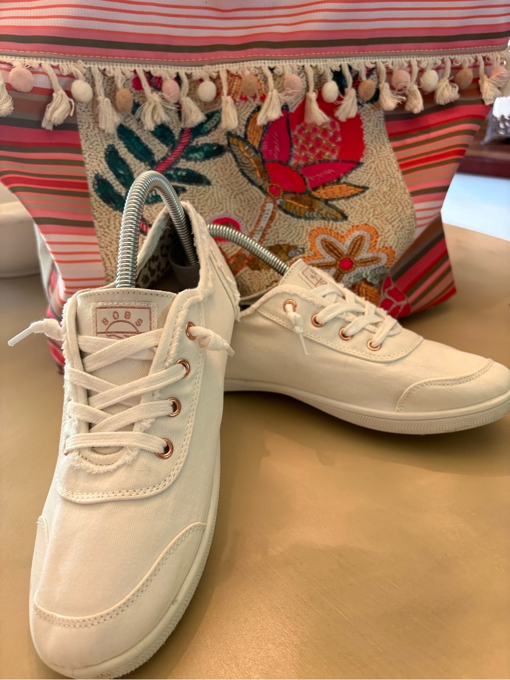 Skechers BOBS White Canvas Lace-Up Sneakers with Rose Gold Eyelets - Picture 2 of 11